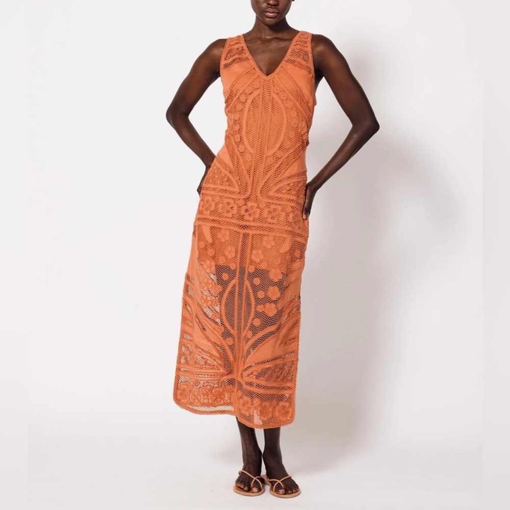 Cleobella Shelby Crochet Midi Dress XL Coral Orange Sheer Boho No Lining - Picture 2 of 16